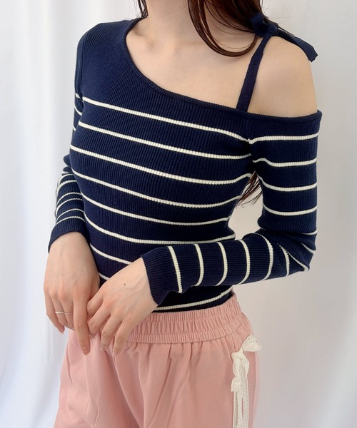 frunco(フランコ)の「【ZOZOTOWN限定】ワンショルダーボーダーニット(ニット/セーター・レディース・ネイビー/ホワイト/ブルー・FREE)」の1枚目の写真