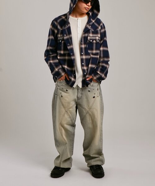 WHO'S WHO gallery（フーズフーギャラリー）の「【UNISEX】Sourcreamウエスタンオンブレチェックフードシャツ（シャツ/ブラウス・レディース・ブラック/ブラウン/ネイビー・FREE）」の18枚目の写真