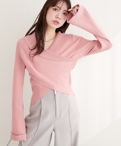 natural couture（ナチュラルクチュール）の「カシュクールフレア袖ニット（ニット/セーター・レディース・ピンク/オフホワイト/ブラック/サックスブルー/グレイッシュベージュ・FREE）」の5枚目の写真