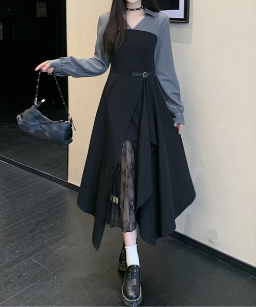 AMAJI(アマジ)の「レースレイヤードアシメワンピース(ワンピース・レディース・グレー/ブラック・MEDIUM/LARGE/X-LARGE/XX-LARGE)」の2枚目の写真