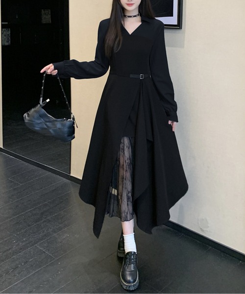 AMAJI(アマジ)の「レースレイヤードアシメワンピース(ワンピース・レディース・グレー/ブラック・MEDIUM/LARGE/X-LARGE/XX-LARGE)」の1枚目の写真
