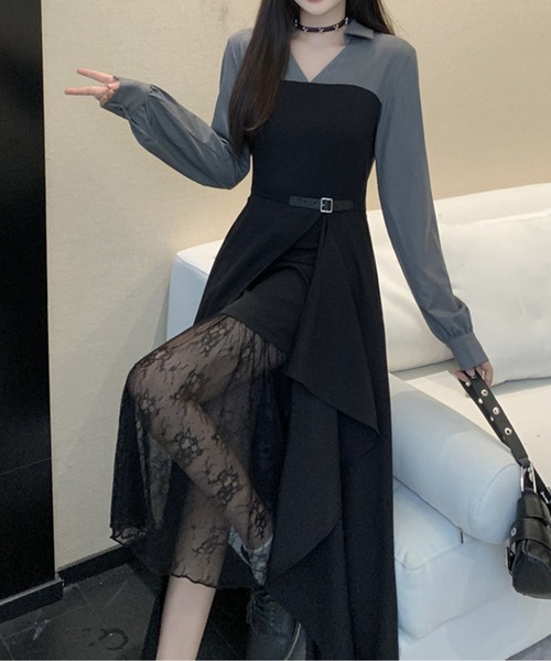 AMAJI(アマジ)の「レースレイヤードアシメワンピース(ワンピース・レディース・グレー/ブラック・MEDIUM/LARGE/X-LARGE/XX-LARGE)」の4枚目の写真