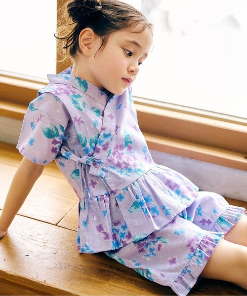 apres les cours（アプレレクール）の「アプレのはんなりGIRLSペプラム甚平（浴衣・キッズ・サックスブルー/イエロー/ドット/ラベンダー/ベビーピンク/ピンク・130/120/100/90/80/110）」の3枚目の写真