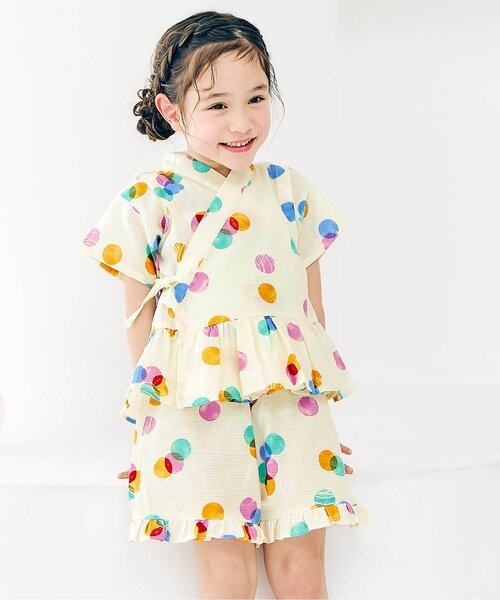 apres les cours（アプレレクール）の「アプレのはんなりGIRLSペプラム甚平（浴衣・キッズ・サックスブルー/イエロー/ドット/ラベンダー/ベビーピンク/ピンク・130/120/100/90/80/110）」の6枚目の写真