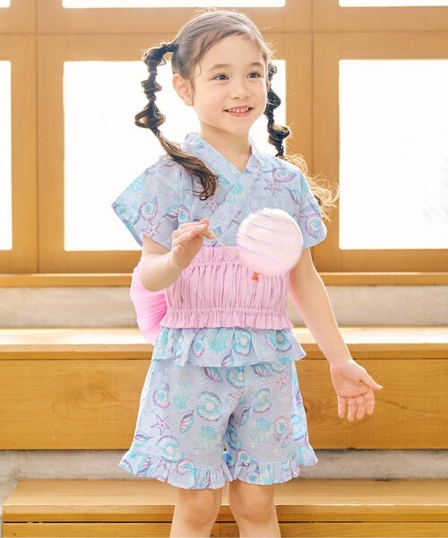 apres les cours（アプレレクール）の「アプレのはんなりGIRLSペプラム甚平（浴衣・キッズ・サックスブルー/イエロー/ドット/ラベンダー/ベビーピンク/ピンク・130/120/100/90/80/110）」の2枚目の写真