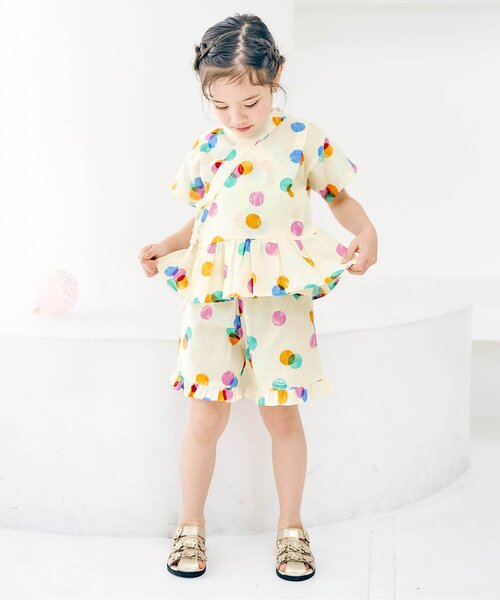 apres les cours（アプレレクール）の「アプレのはんなりGIRLSペプラム甚平（浴衣・キッズ・サックスブルー/イエロー/ドット/ラベンダー/ベビーピンク/ピンク・130/120/100/90/80/110）」の18枚目の写真