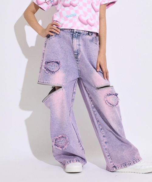 ANAP kids(アナップキッズ)の「サイドジップ ハートワッペン ワイドパンツ(デニムパンツ・キッズ・ピンク/ブルー・120/130/110)」の2枚目の写真