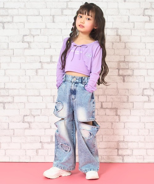 ANAP kids(アナップキッズ)の「サイドジップ ハートワッペン ワイドパンツ(デニムパンツ・キッズ・ピンク/ブルー・120/130/110)」の3枚目の写真