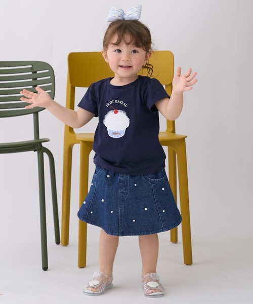 petit main(プティマイン)の「パールデニムフレアスカパン(デニムスカート・キッズ・ブルー/サックスブルー/ブラック・110cm/130cm/100cm/90cm/120cm/80cm)」の3枚目の写真