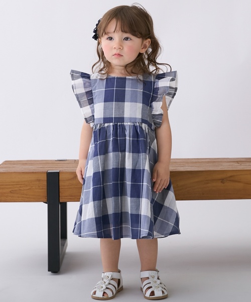petit main（プティマイン）の「【リンク】チェックフレアワンピース（シャツワンピース・キッズ・モカ/ブルー・100cm/120cm/90cm/80ｃｍ/110cm/130cm）」の2枚目の写真