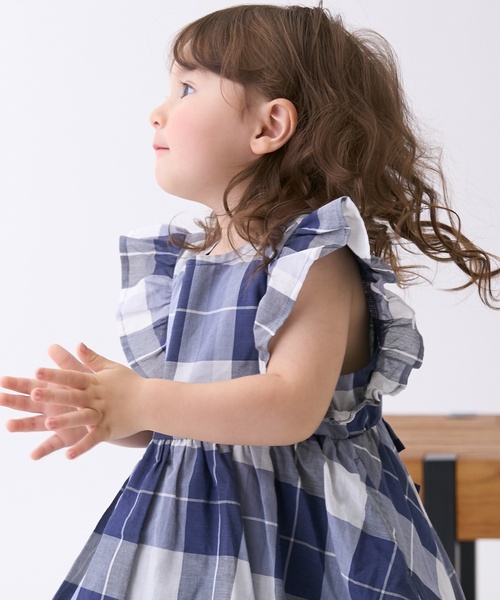 petit main（プティマイン）の「【リンク】チェックフレアワンピース（シャツワンピース・キッズ・モカ/ブルー・100cm/120cm/90cm/80ｃｍ/110cm/130cm）」の3枚目の写真