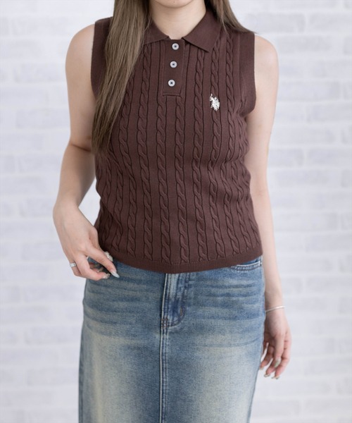 U.S. POLO ASSN.（ユーエスポロアッスン）の「【U.S. POLO ASSN.】clear 別注 ケーブルノースリーブニットトップス（ニット/セーター・レディース・サックスブルー/ネイビー/ピンク/オフホワイト/ブラウン・F）」の3枚目の写真