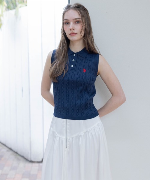 U.S. POLO ASSN.（ユーエスポロアッスン）の「【U.S. POLO ASSN.】clear 別注 ケーブルノースリーブニットトップス（ニット/セーター・レディース・サックスブルー/ネイビー/ピンク/オフホワイト・F）」の15枚目の写真