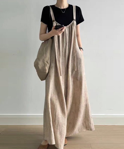 ReRe（リリ）の「リネン風ワイドサロペットパンツ（つなぎ/オールインワン・レディース・ブラック/ライトカーキ・MEDIUM/LARGE/X-LARGE）」の3枚目の写真