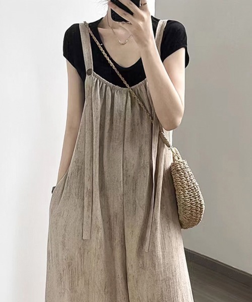 ReRe（リリ）の「リネン風ワイドサロペットパンツ（つなぎ/オールインワン・レディース・ブラック/ライトカーキ・MEDIUM/LARGE/X-LARGE）」の6枚目の写真