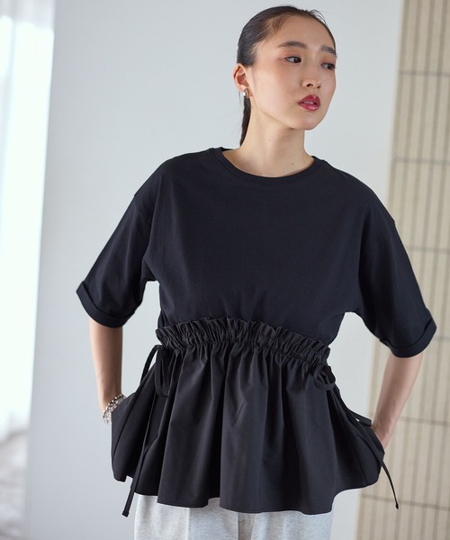 LEPSIM(レプシィム)の「裾異素材ギャザーT 668371(Tシャツ/カットソー・レディース・キナリ/ブラック・FREE)」の1枚目の写真