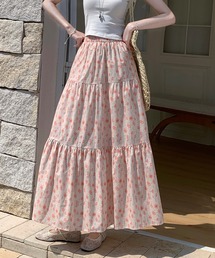 フラワープリント スカート ティアード Aライン フレア ミディ丈 スカート