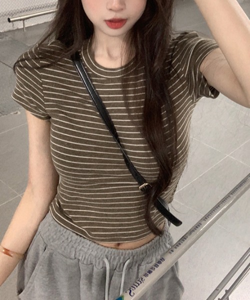 Vipoa(ヴィポア)の「Striped slim Tshirt(Tシャツ/カットソー・レディース・イエロー/ピンク/ブラウン・FREE)」の1枚目の写真