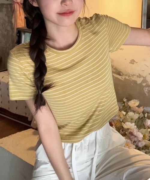 Vipoa(ヴィポア)の「Striped slim Tshirt(Tシャツ/カットソー・レディース・イエロー/ピンク/ブラウン・FREE)」の3枚目の写真