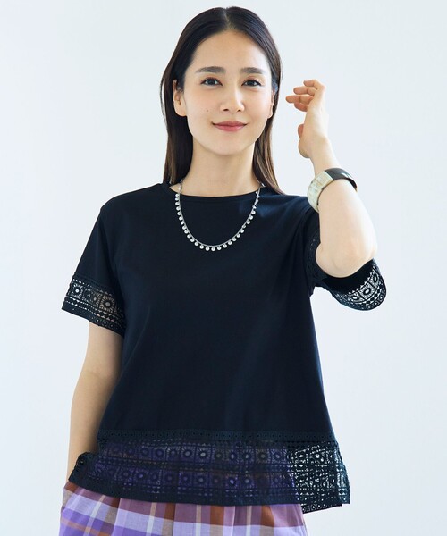 自由区(ジユウク)の「ナチュラルコットンハイゲージレースドッキング Tシャツ(Tシャツ/カットソー・レディース・ピンク系/ブラック系・44)」の1枚目の写真