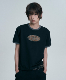 オーバルロゴアプリケリングル半袖Tシャツ - ブラック