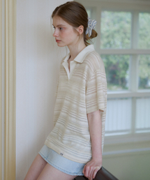 Stripe collar crochet T-shirt [KNSS08TS14]_Ivory