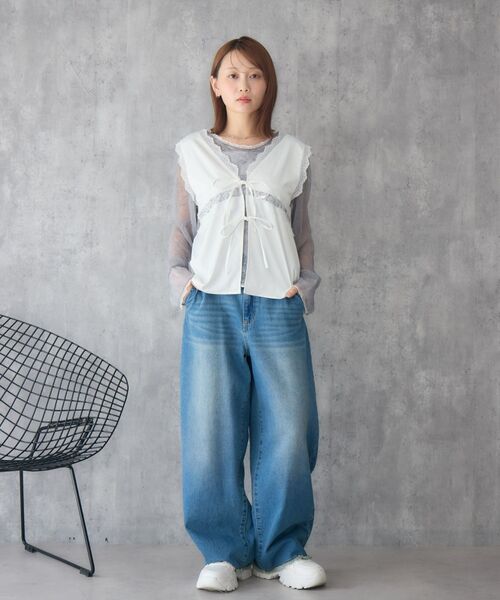 RETRO GIRL(レトロガール)の「配色楊柳シアーCT(Tシャツ/カットソー・レディース・イエロー/オフホワイト/ライトグレー・FREE)」の11枚目の写真