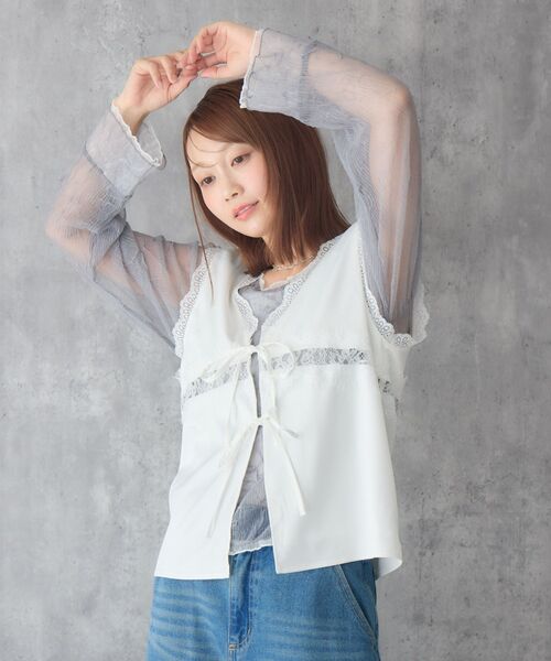 RETRO GIRL(レトロガール)の「配色楊柳シアーCT(Tシャツ/カットソー・レディース・イエロー/オフホワイト/ライトグレー・FREE)」の13枚目の写真
