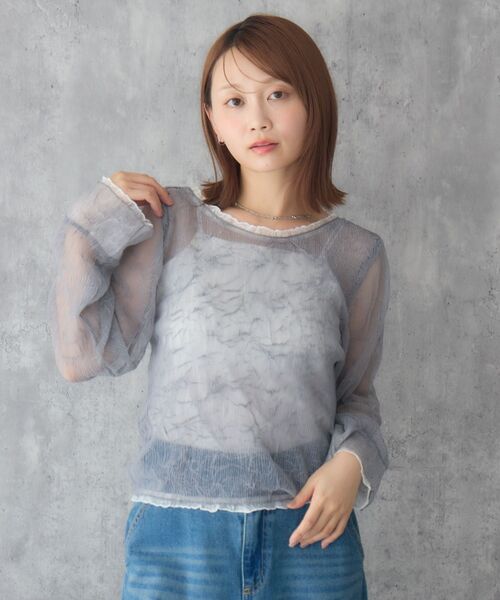 RETRO GIRL(レトロガール)の「配色楊柳シアーCT(Tシャツ/カットソー・レディース・イエロー/オフホワイト/ライトグレー・FREE)」の14枚目の写真