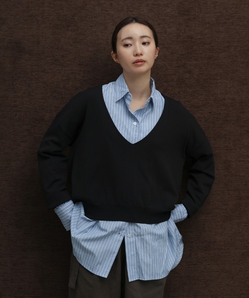 select MOCA Et(セレクトモカエト)の「【Et】Minimal V-Neck Simple Tops(ニット/セーター・レディース・ブラック/ライトグレー/キャメル・FREE)」の1枚目の写真