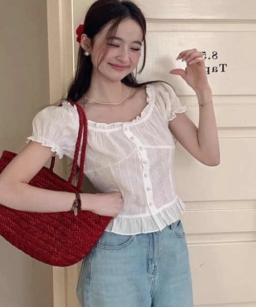 Alvia（アルビア）の「2WAY 韓国風半袖トップス（Tシャツ/カットソー・レディース・ホワイト/ネイビー・M）」の5枚目の写真