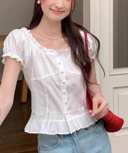 Alvia（アルビア）の「2WAY 韓国風半袖トップス（Tシャツ/カットソー・レディース・ホワイト/ネイビー・M）」の6枚目の写真