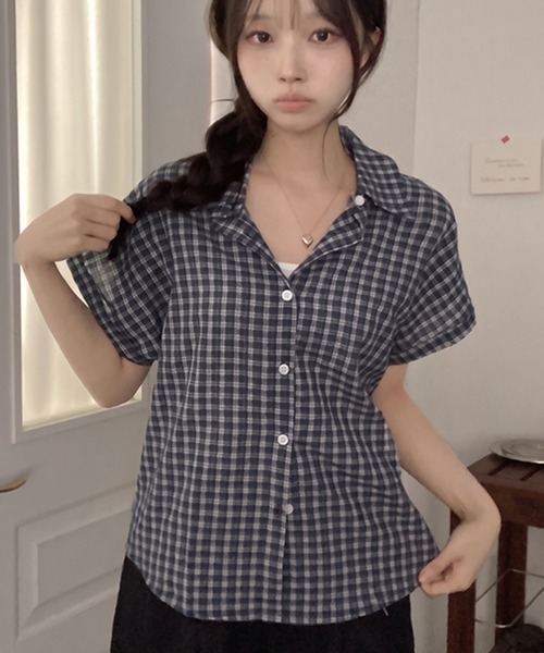 Girly Doll(ガーリードール)の「チェック柄半袖シャツ(シャツ/ブラウス・レディース・ホワイト/キャメル/ピンク/ネイビー・FREE)」の14枚目の写真