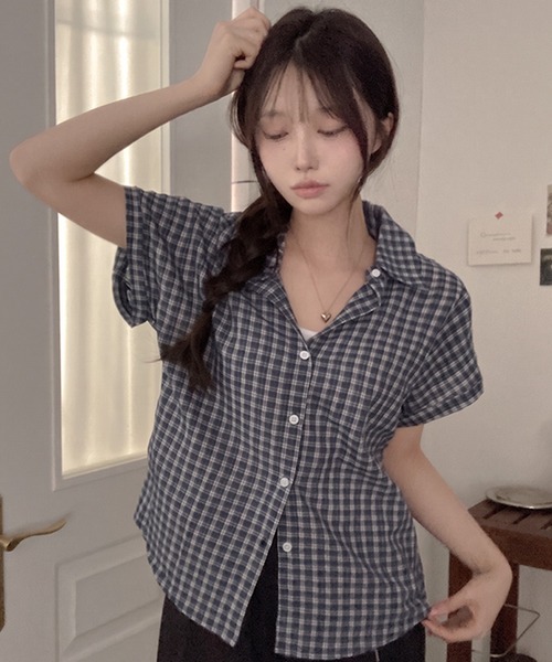 Girly Doll(ガーリードール)の「チェック柄半袖シャツ(シャツ/ブラウス・レディース・ホワイト/キャメル/ピンク/ネイビー・FREE)」の15枚目の写真