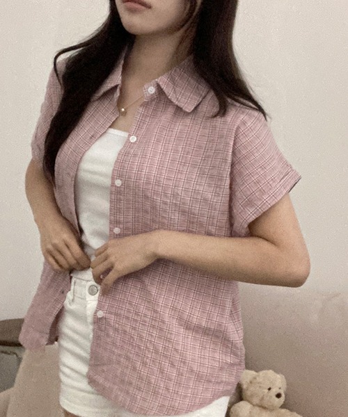 Girly Doll(ガーリードール)の「チェック柄半袖シャツ(シャツ/ブラウス・レディース・ホワイト/キャメル/ピンク/ネイビー・FREE)」の10枚目の写真