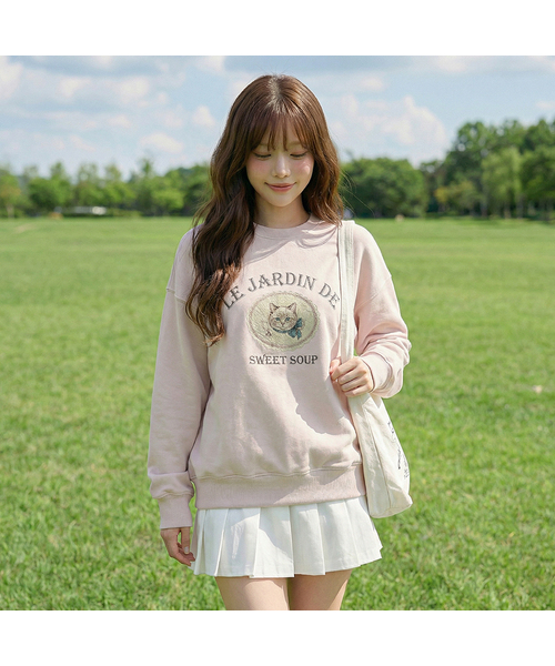 SWEET SOUP（スウィートスープ）の「ピグメントレースキャットオーバーサイズスウェットシャツ(WCRLTF6)（Tシャツ/カットソー・レディース・チャコールグレー/ライトベージュ・55/66）」の2枚目の写真
