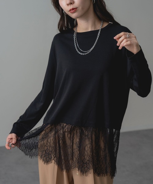 ANNA LUNA(アンナルナ)の「【ANNA LUNA】 レース が映える レイヤード風 プルオーバー(Tシャツ/カットソー・レディース・ブラック/オフホワイト・MEDIUM/LARGE)」の1枚目の写真