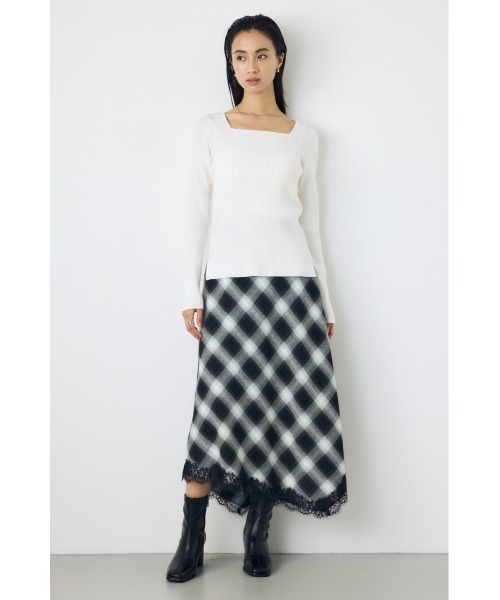 AZUL by moussy(アズールバイマウジー)の「【身長/骨格別着用画像あり】レースドッキングチェックバイアススカート 秋服 ロングスカート 冬服(スカート・レディース・ブラック系その他/ブラウン系その他・SMALL/MEDIUM)」の7枚目の写真