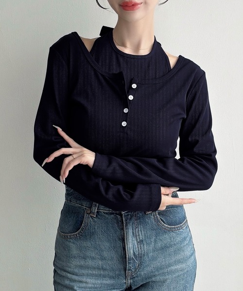 Meiru(メイル)の「ホルターネックレイヤードリブトップス(Tシャツ/カットソー・レディース・ブラック/ブラウン/ネイビー・SMALL/LARGE/MEDIUM)」の12枚目の写真