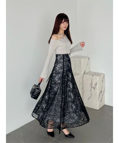 MERCURYDUO(マーキュリーデュオ)の「メロンチュール刺繍フレアスカート(スカート・レディース・ブラック/アイボリー・SMALL/MEDIUM)」の3枚目の写真
