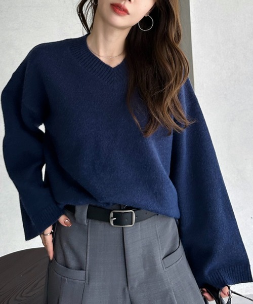 core core(コアコア)の「こなれ感◎ワイドスリーブVネックルーズニットトップス(ニット/セーター・レディース・ライトグレー/ブラック/ネイビー/オフホワイト・FREE)」の11枚目の写真