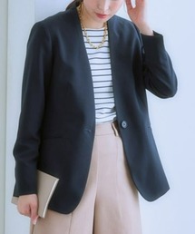 【UVカット】洗えるストレッチダブルクロスノーカラージャケット（ロング丈）