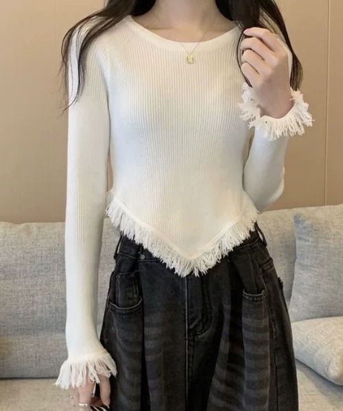 SHEPP(シープ)の「【26年秋冬新作】フリンジデザイン イレギュラーヘム リブトップス(Tシャツ/カットソー・レディース・ホワイト/ブラック/グレー・M)」の8枚目の写真
