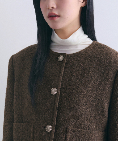 MUSINSA STANDARD WOMAN（ムシンサスタンダードウーマン）の「ウィメンズラウンドネックツイードジャケット[ブラウン]（テーラードジャケット・レディース・その他・X-SMALL/S/L/M）」の3枚目の写真
