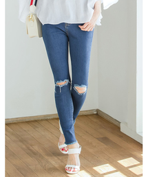 Re:EDIT | [人気クラッシュデニム]裾フリンジデニム美脚パギンス/クラッシュタイプ/切りっぱなし/フレイドヘム(デニムパンツ)