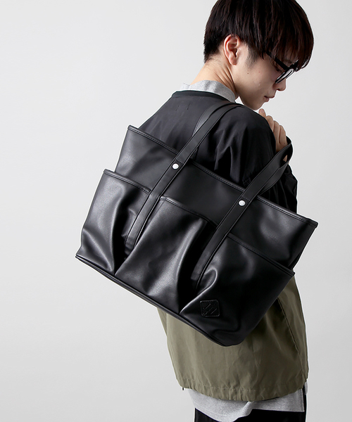 WEGO(ウィゴー)の「WEGO/フェイクレザー3ポケットトートバッグ(トートバッグ・メンズ・ブラウン/トリコロール/ブラック・FREE)」の2枚目の写真