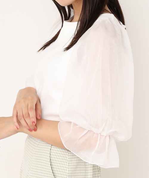 one after another NICE CLAUP(ワンアフターアナザーナイスクラップ)の「ドットチュール袖コンシャストップス(Tシャツ/カットソー・レディース・オフホワイト/ブラック/ブラウン/ベージュ・FREE)」の2枚目の写真