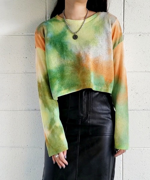 me+em select(ミームセレクト)の「タイダイショートシアートップス(Tシャツ/カットソー・レディース・オレンジ/ブラック/ミント・FREE)」の8枚目の写真