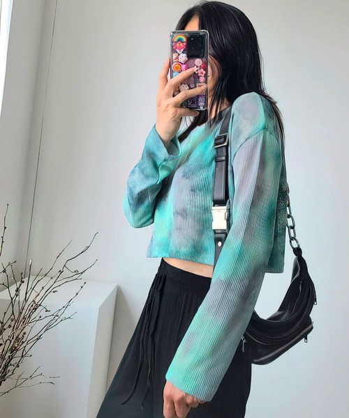 me+em select(ミームセレクト)の「タイダイショートシアートップス(Tシャツ/カットソー・レディース・オレンジ/ブラック/ミント・FREE)」の6枚目の写真