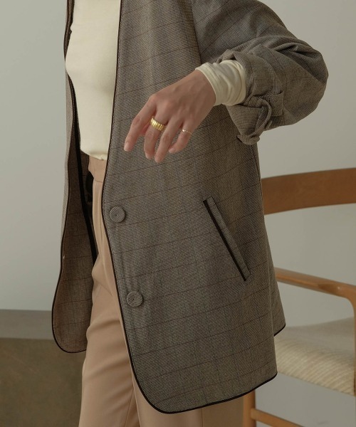 Bab（バブ）の「【WEB限定】配色パイピングカラーレスジャケット（ノーカラージャケット・レディース・ダークブラウン/ブラウン・M）」の6枚目の写真